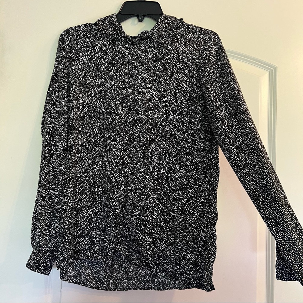 H&M black and white polka dot button up with Peter Pan ruffle collar